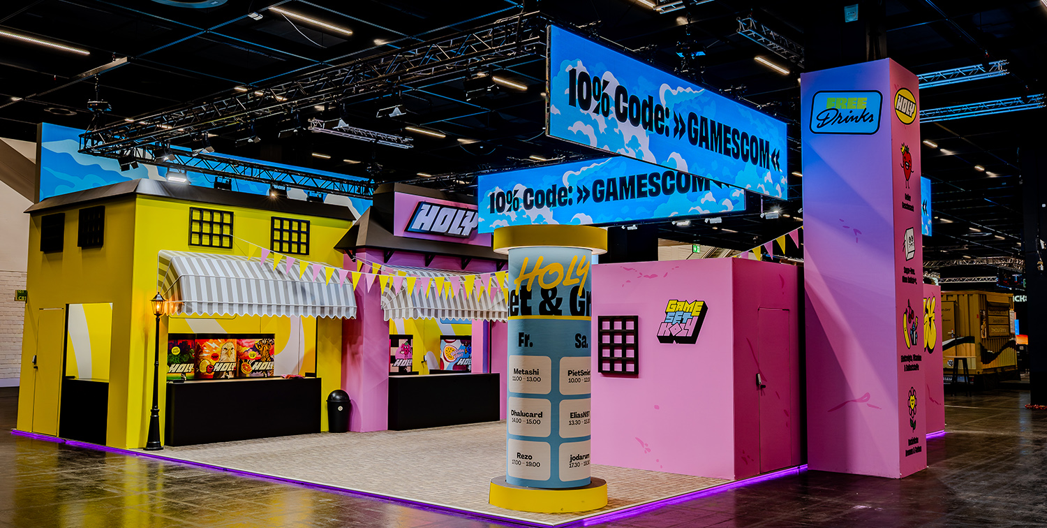 HOLY Messestand auf der gamescom 2026 von rocDesign – Detailansicht 1 HOLY Messestand auf der gamescom 2026 von rocDesign – Detailansicht 1