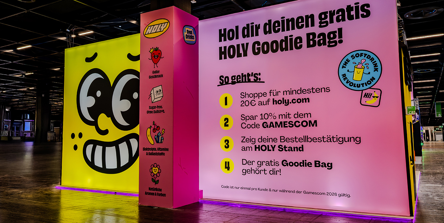 HOLY Messestand auf der gamescom 2026 von rocDesign – Detailansicht 4 HOLY Messestand auf der gamescom 2026 von rocDesign – Detailansicht 4
